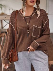 SHEIN LUNE Kích thước lớn Thả vai Áo thun Với Để lộ ra - màu nâu - Xem 5