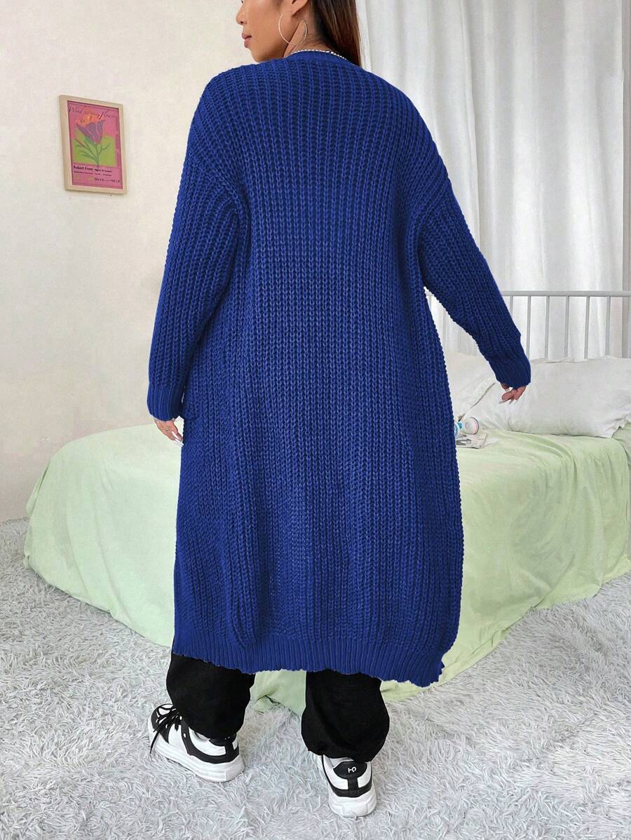 Flirla Kích thước lớn Xanh Lỏng lẻo Áo len Mở Với Patch Túi Và Thả vai - Xanh đậm - Xem 1