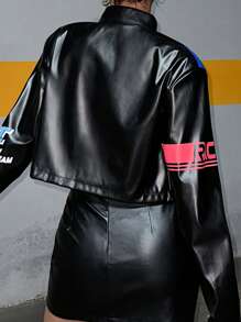 EURMUSE Của phụ nữ chất liệu da PU Áo khoác Với In thư - màu đen - Xem 2