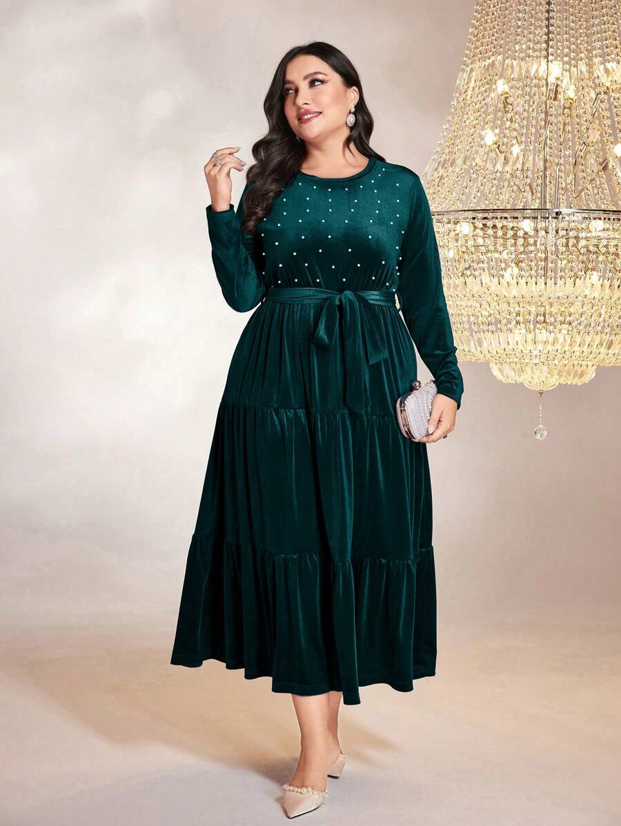 Modelyn Plus Size Pearl Decorated Belted Dress - Green - View 1