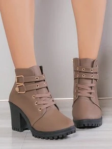 女士時尚舒適圓頭雙扣高跟鞋 - 駝色 - 查看 4