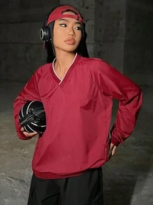 SHEIN EZwear Của phụ nữ Cổ chữ V Áo chui đầu Áo nỉ - Đỏ - Xem 6