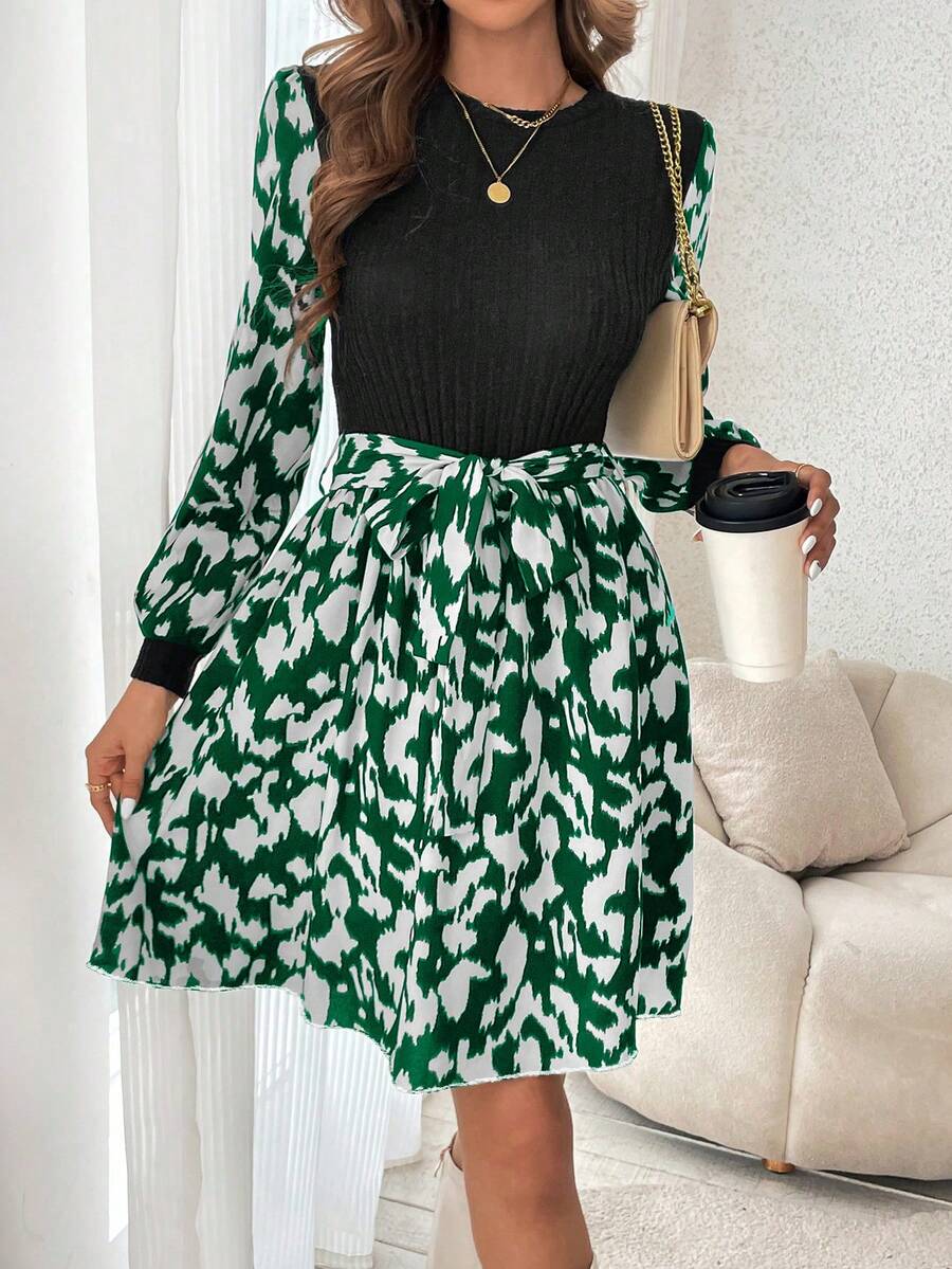SHEIN Frenchy Của phụ nữ In Đồ họa Tay áo lồng đèn Váy có thắt lưng - Nhiều màu - Xem 1
