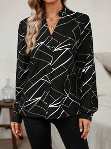 SHEIN LUNE Geometric Printed Shirt With Frill Trimmed Notched Collar - Black and White - View 1