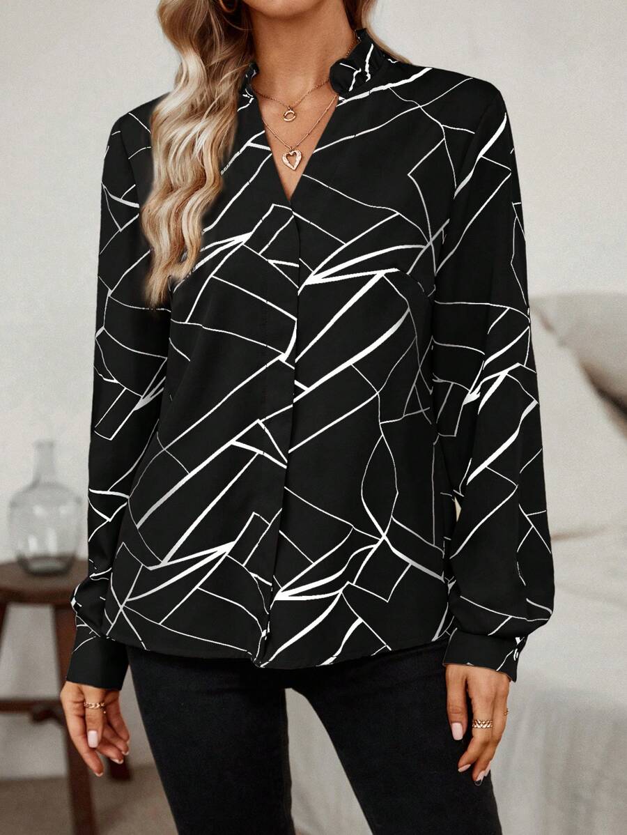 SHEIN LUNE Geometric Printed Shirt With Frill Trimmed Notched Collar - Black and White - View 1