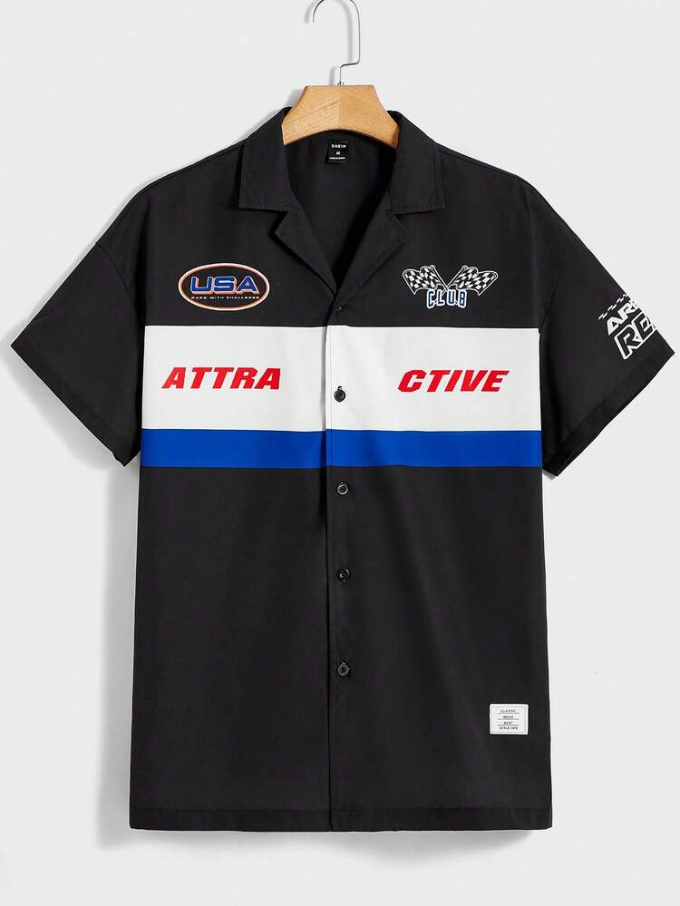 Loose Fit Men's Color Block Woven Short Sleeve Shirt