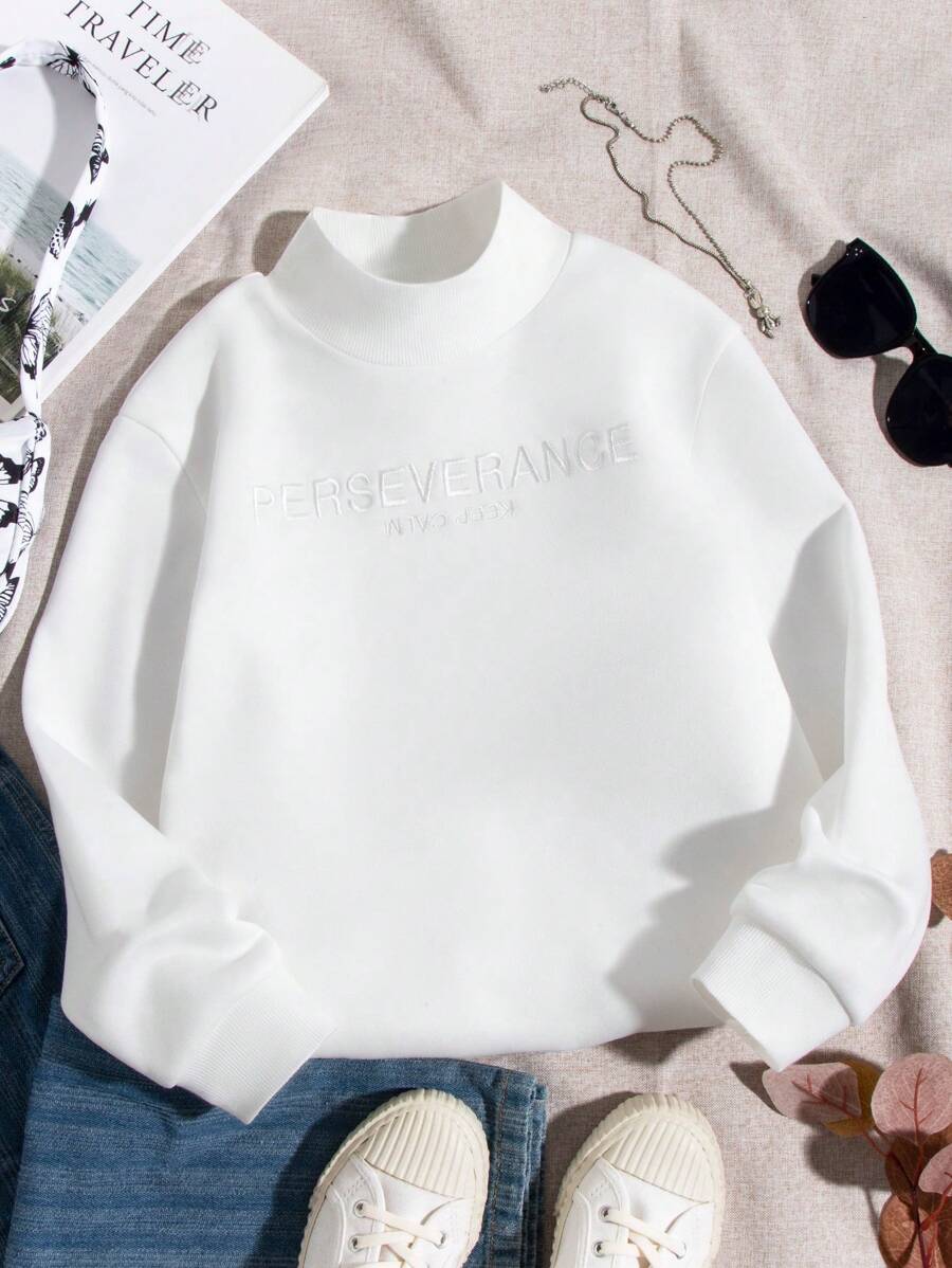 SHEIN 少女高領字母刺繡運動衫 - 白色 - 查看 1