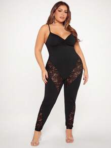 SHEIN SXY Monos Con Tiras De Encaje Y Plisado En El Pecho Para Mujeres De Talla Grande - Negro - Ver 1