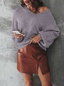 SHEIN Essnce V-Neck Drop Shoulder Sweater - Grey - View 4