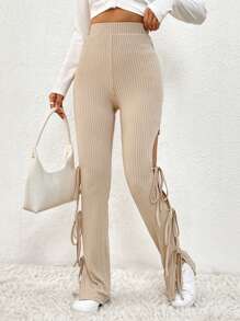 SHEIN Unity Hoch Taillierte Lange Hose Mit Cut-out Und Schnürung - Khaki - Übersicht 4