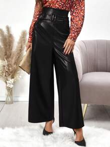 SHEIN Clasi Cao eo Thắt lưng chất liệu da PU Quần ống rộng - màu đen - Xem 1