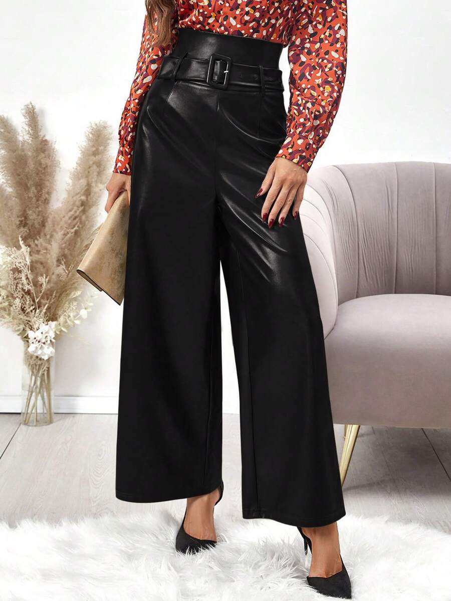 SHEIN Clasi Cao eo Thắt lưng chất liệu da PU Quần ống rộng - màu đen - Xem 1