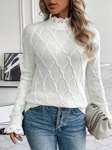 SHEIN Privé Màu thuần Trang trí ren Áo len dệt kim - trắng - Xem 3