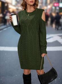 SHEIN LUNE Women's Open Shoulder Sweater Dress - Green - View 5