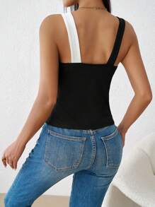 SHEIN Privé 女款拼色掛脖修身露背短版背心 - 黑與白 - 查看 4