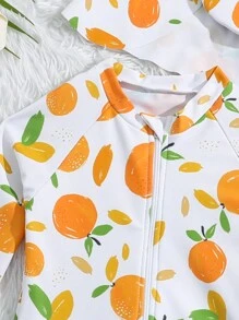 Baby Girls' One-piece Swimsuit With Random Print, Ruffle Hem And Hood - Orange - View 3