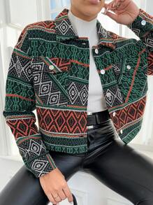 SHEIN Cottnline Vrouwen Geometrisch patroon Oversized Voorknop Jassen Met Klepzakken En Schouders