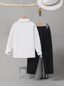 SHEIN 2 件套年轻男孩字母印花领衬衫和裤子套装，保暖内衬，加厚 - 彩色 - 查看 2