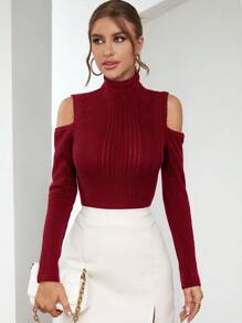 SHEIN Privé 實心高領t恤,露肩設計 - 酒紅色 - 查看 6