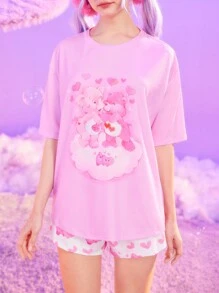 ROMWE X Care Bears Cartoon Heart Print Pajama Set - Pink - View 2