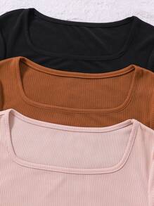 Teen Girls' 3pcs Solid Color Short Sleeve Bodysuit - Multicolor - View 4