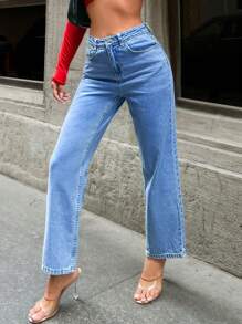 EURMUSE Women's High Waist Pockets Straight Leg Casual Versatile Jeans - Blue - View 1