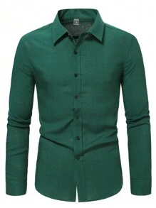 Manfinity Mode Men's Simple Slim Fit Long Sleeve Shirt - Dark Green - View 1