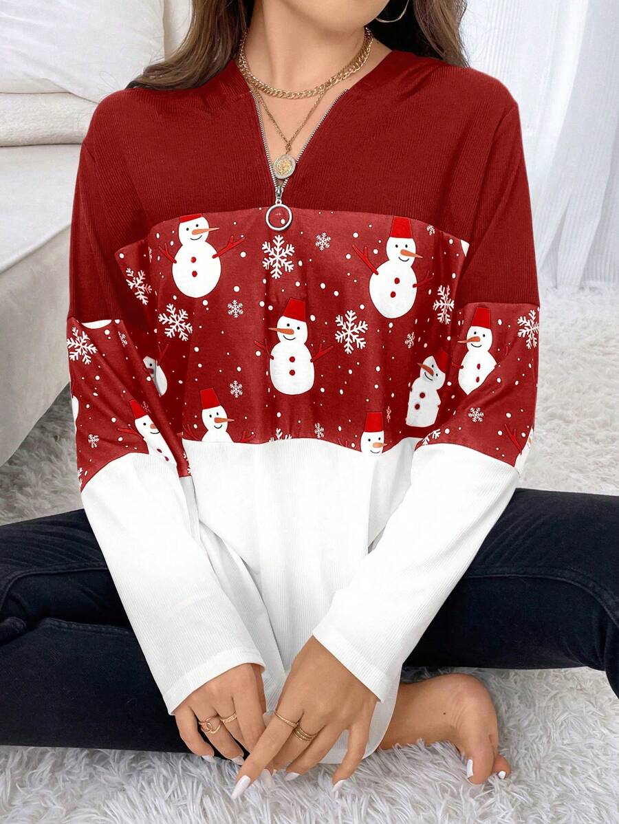Calvaya Áo nỉ cổ kéo nửa thân in họa tiết Giáng sinh cỡ lớn - Đỏ - Xem 1