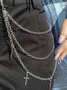 ROMWE Goth 1入女式火焰十字花裝飾三層腰鏈,適用於褲子 - 銀色 - 查看 2