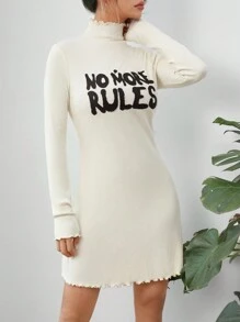 SHEIN EZwear Letter Printed Turtleneck Dress - Apricot - View 4