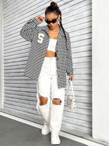 Lunelith SHEIN Lunessa Abrigo De Lana De Manga Larga A Cuadros Houndstooth Para Mujer