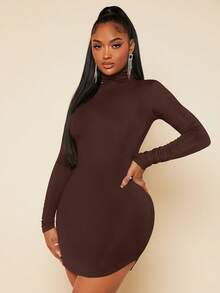 SHEIN SXY 純色高領修身連身裙 - 咖啡棕 - 查看 3