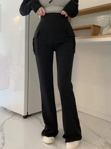 DAZY 女士休闲纯色工装裤，女士深秋休闲口袋，开叉自然紧身长款黑色粘胶常规版型女裤，休闲日常穿着 - 黑色 - 查看 3