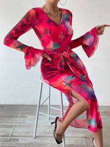 SHEIN Privé In toàn bộ Cổ chữ V Có nút & Self-Tie Thắt lưng & Khe Chi tiết Tay áo dài Đầm - Đỏ - Xem 4