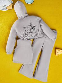 TOM & JERRY X SHEIN Tween Girls' Cartoon Pattern Hoodie & Vest & Pants Set - Grey - View 2