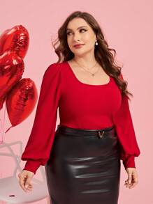 SHEIN Clasi Camiseta roja con cuello redondo y mangas de farol de talla grande, Día de San Valentín