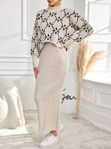 EURMUSE Women'S Stand Collar Drop Shoulder Knit Sweater Two Pieces Set - Apricot - View 7