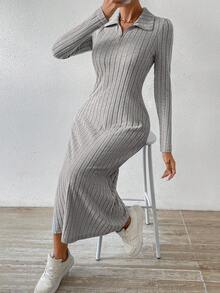 SHEIN Essnce 女士純色鬆緊身連身裙,帶口袋和半拉鍊 - 灰色 - 查看 3