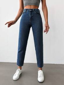 SHEIN PETITE Jeans Para Mujeres Con Corte De Cintura Alta Y Ajustados De Un Solo Color Con Bolsillo Inclinado