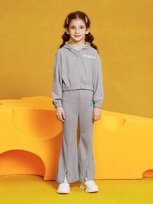 TOM & JERRY X SHEIN Tween Girls' Cartoon Pattern Hoodie & Vest & Pants Set - Grey - View 10