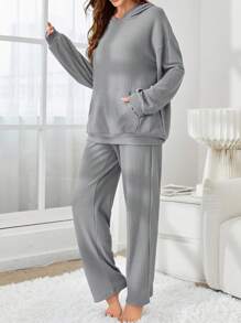 女用針織長袖連帽衫上衣長褲休閒運動服 - 灰色 - 查看 3
