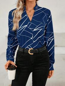 SHEIN LUNE Notched Collar Geometric Print Shirt With Frill Trimmed - Navy Blue - View 5