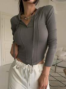 DAZY Ladies' Hooded Knitted Top With Partial Button Placket And Drawstring - Brown - View 1