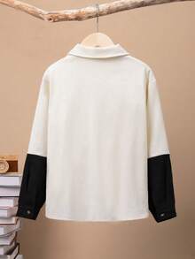 SHEIN Boys' Casual Color Block Turn-down Collar Cardigan Shirt - Black - View 2