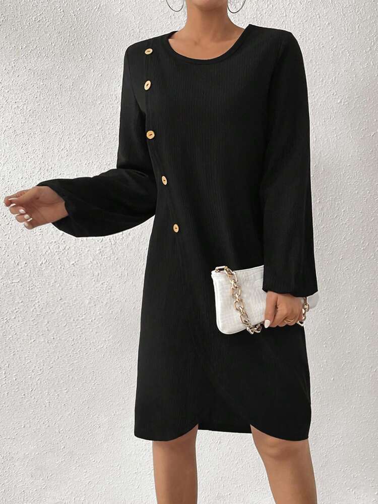 Button Detail Wrap Hem Dress