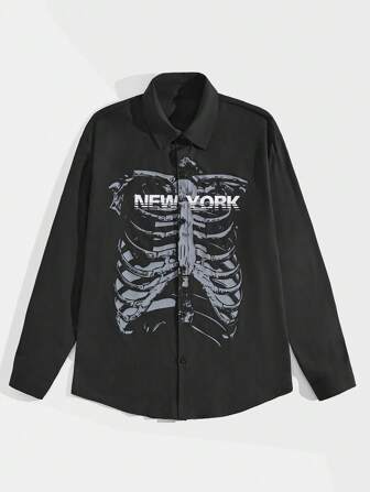 Goth Camisa De Hombre Con Gráfico De Manga Larga Y Botonadura Simple