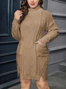 Calvaya Plus Size Women'S Cable Knit High Neck Sweater Dress - Khaki - View 1