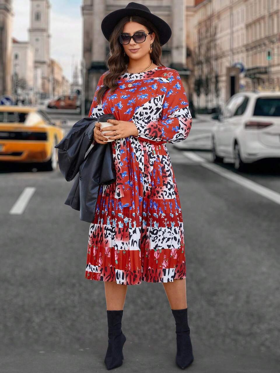 Plus Size Leopard & Floral Print Splicing Lantern Sleeve Belted Dress