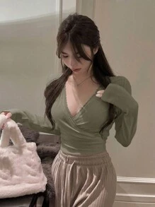 DAZY V领修身长袖T恤，秋季复活节服装 - 綠色 - 查看 3