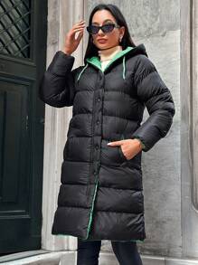 RueChic Women's Drawstring Hooded Padded Coat - Green - View 5